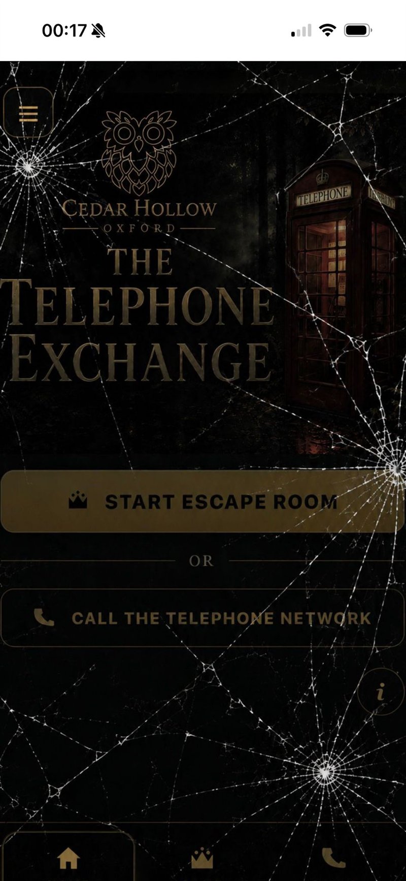 The Telephone Exchange app at its dramatic climax. Spider-web cracks fracture across the screen over the lit telephone box, signalling the endgame sequence as the Queen's interference reaches its peak.