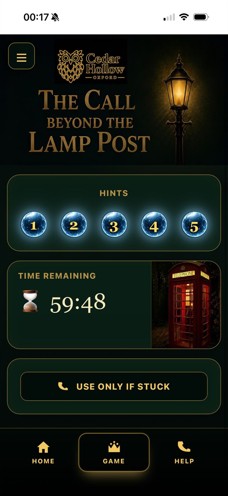 The in-game screen of the Telephone Exchange app, titled The Call Beyond the Lamp Post. Five glowing hint orbs numbered one to five sit above a live timer reading fifty-nine minutes and forty-eight seconds, with a Use Only If Stuck button below.