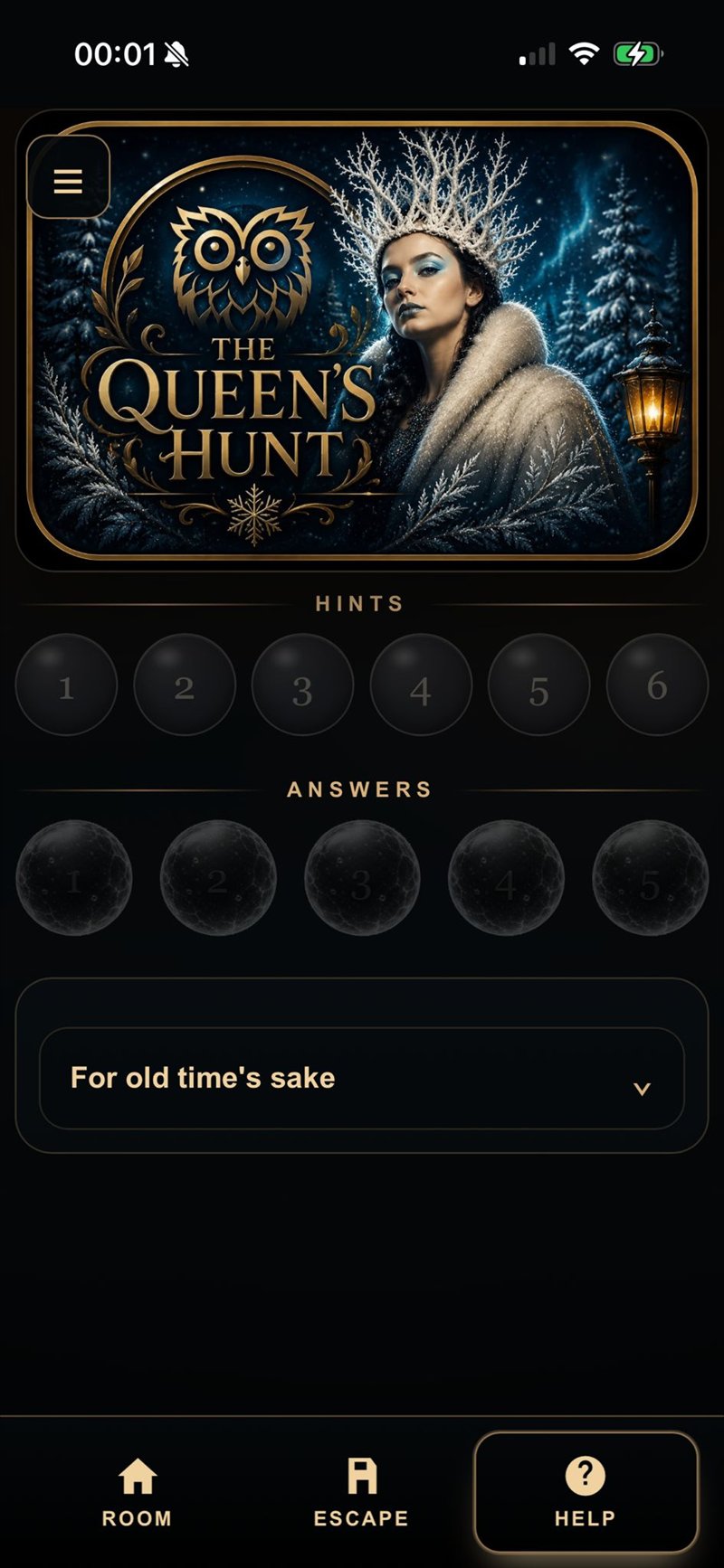 The Beaver's Den controller, Help tab. The Queen's Hunt header above six Hints buttons numbered 1 to 6, then five Answers buttons, then a dropdown answer For old time's sake.
