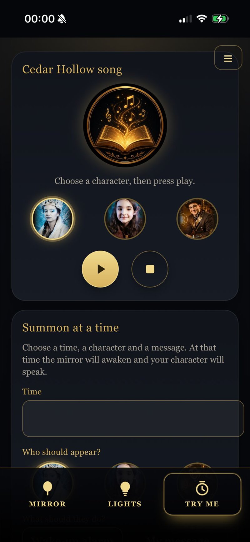 The Faun's Hideaway controller, Try Me tab. A Summon at a time form with a time field, three character avatars and options for a Wake-up alarm or a custom My Message option, with a gold Set the magic button.